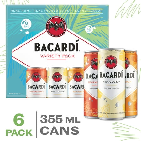 BACARDI Rum Ready to Drink Summer Cocktail Variety Pack, Gluten Free - 355 mL Slim Cans, Pack of 6