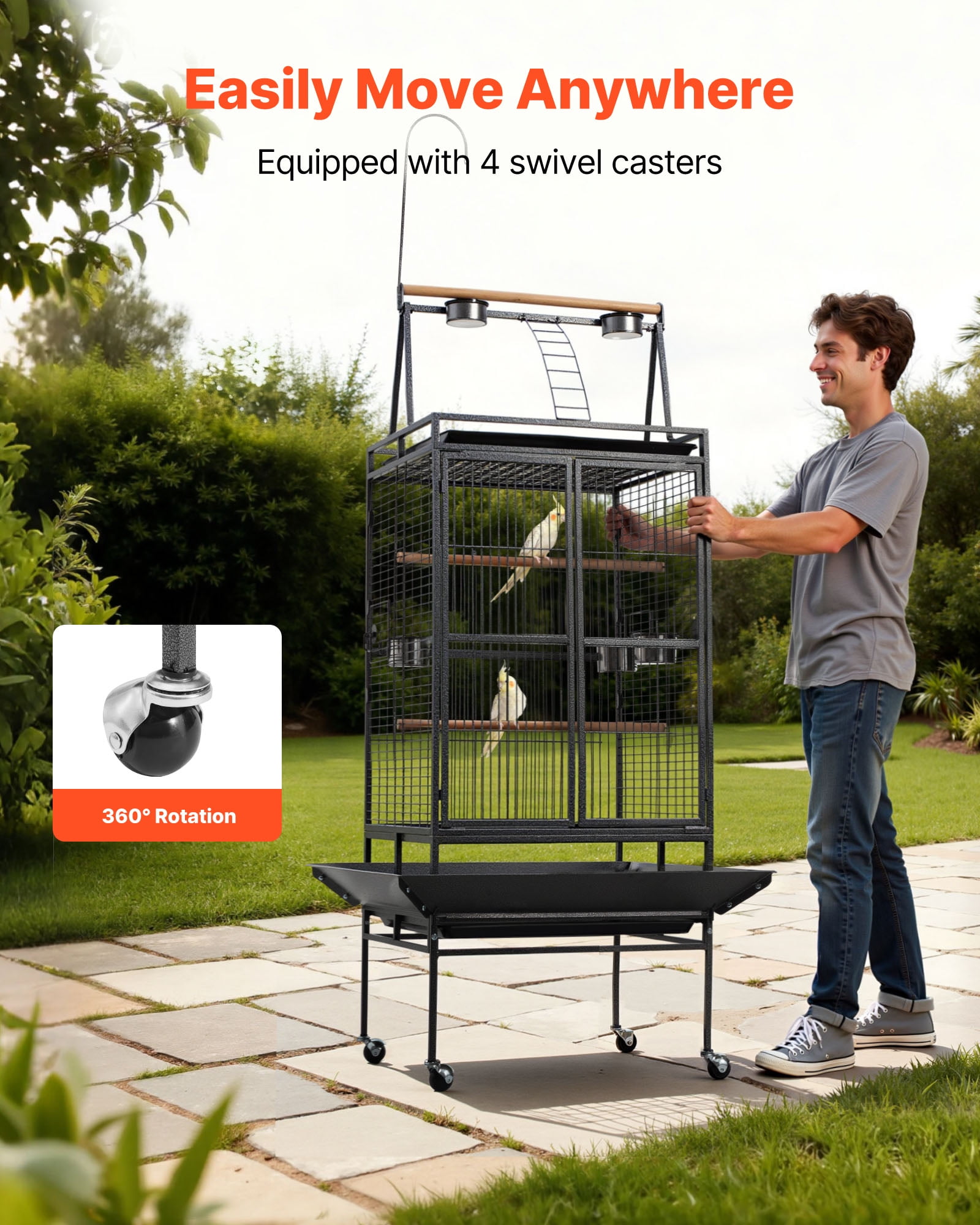 VEVOR Bird Cage, 32.7 x 31.1 x 82.7 inch, Open Flat Top, Wrought Iron Bird Flight Cage with Perches, Slide-Out Tray, Plastic Feeders, for Cockatiel, Monk Parakeet, African Grey Parrot