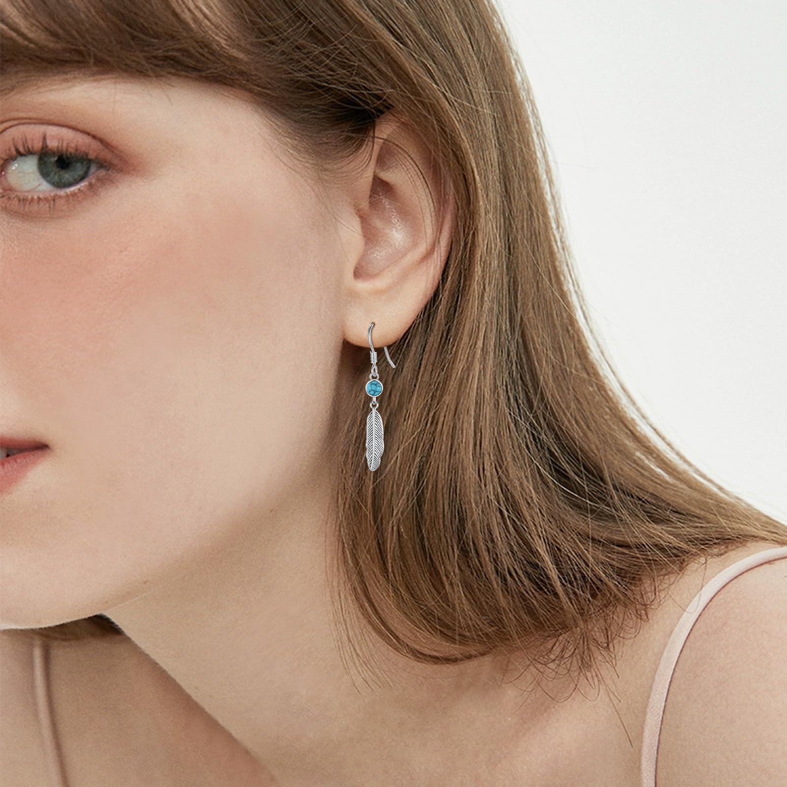 Coachuhhar Feather Dangle Earrings 925 Sterling Silver Turquoise Drop Earrings Western Jewelry Gifts for Women Mom
