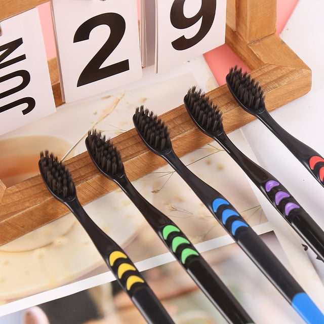 Cepillo de dientes de carbón de bambú para adultos, paquete de 10, paquete familiar, supermercado, luna pequeña, adultos, caja negra/blanca, suave para uso diario