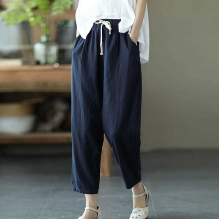 

HOMBOM Pajama Pants Summer Casual Comfortable Leisure Solid Ninth Pants Pockets Loose Pants Navy XXL(12)