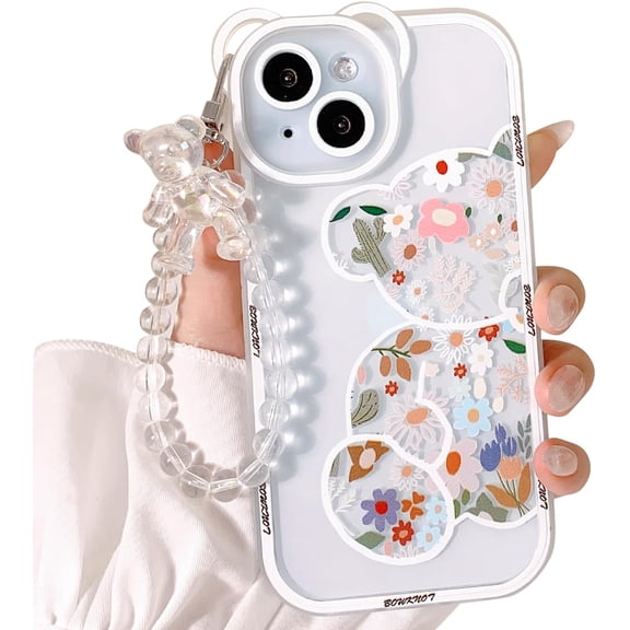 Compatible for iPhone 15 Plus Case Clear Cute Flower Floral Bear for Girls Women Pattern with Chain Lanyard Wrist Strap Soft TPU Shockproof Protective Girly for iPhone 15 Plus-Bear