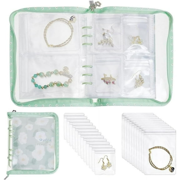 51Pcs/1 Set Transparent Jewelry Storage Book Earring Organizer Book Travel Earring Organizer Case Jewelry Plastic Zipper Bag Portable Pocket Folding Bag for Earrings Bracelet Storage - Green Plum