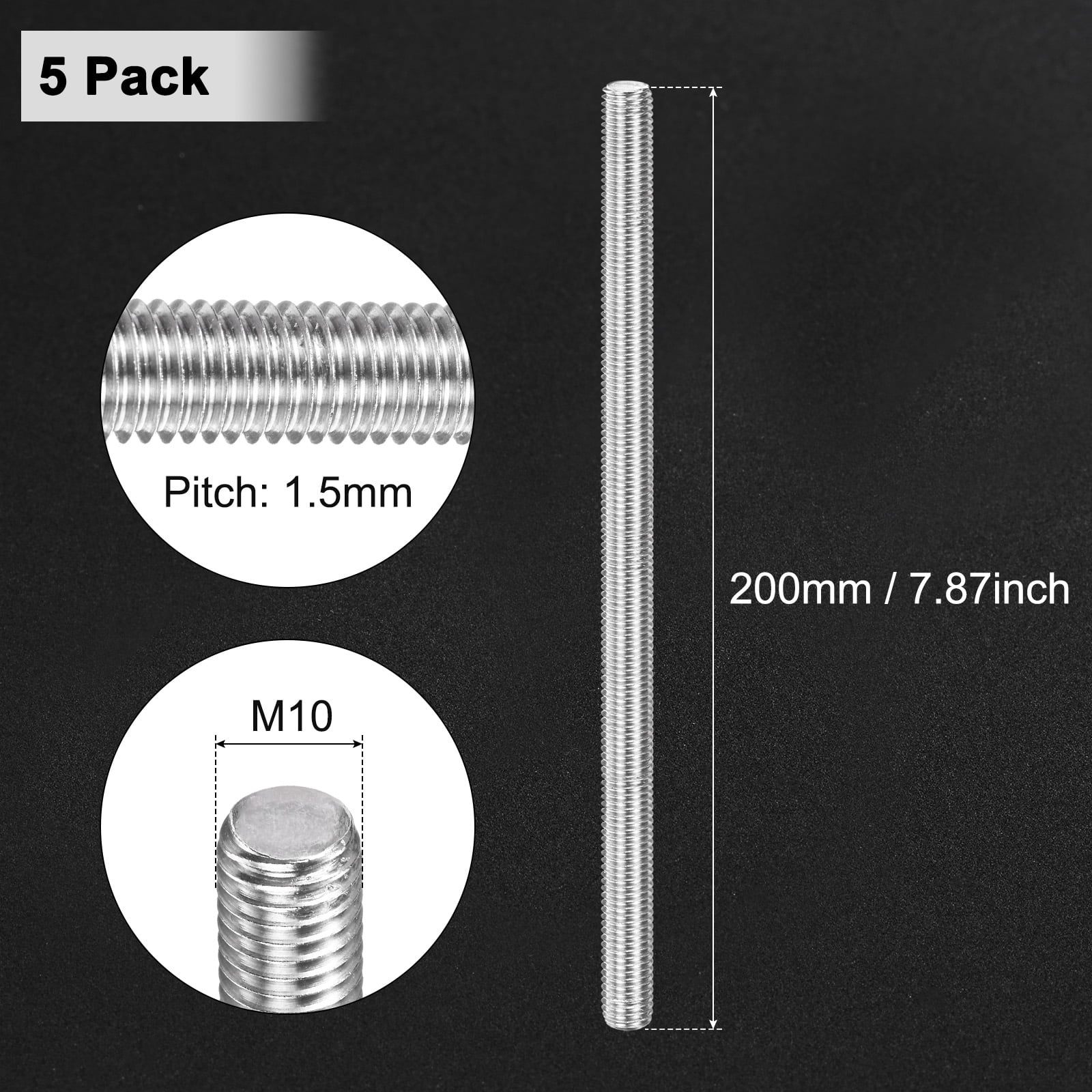 Uxcell 5-Pack Fully Threaded Rod, M10x200mm 304 Stainless Steel Right Hand Thread Bar Studs