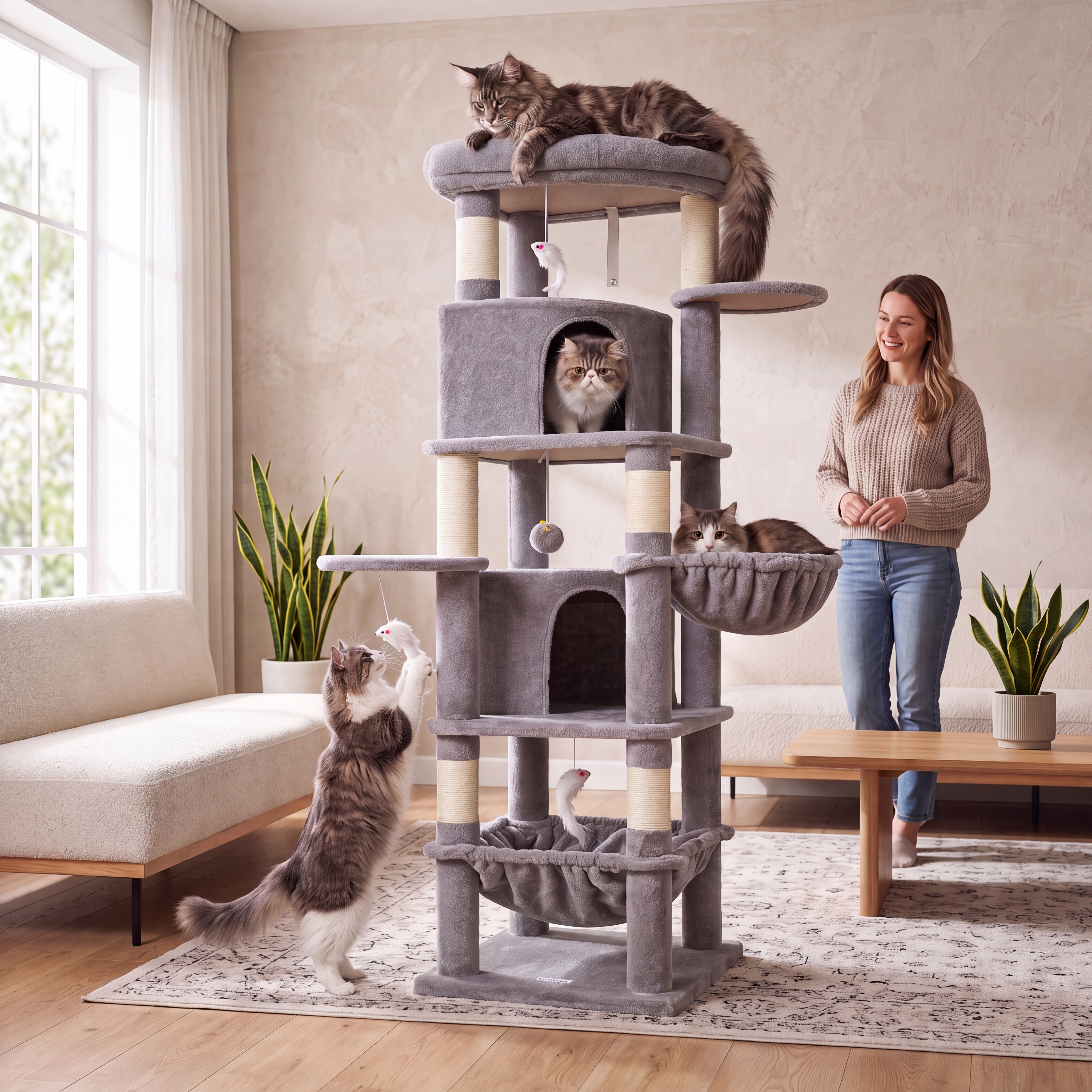 Globlazer 68" Corner Cat Tree with 6 Scratching Posts and 2 Condos, Light Grey photo 3