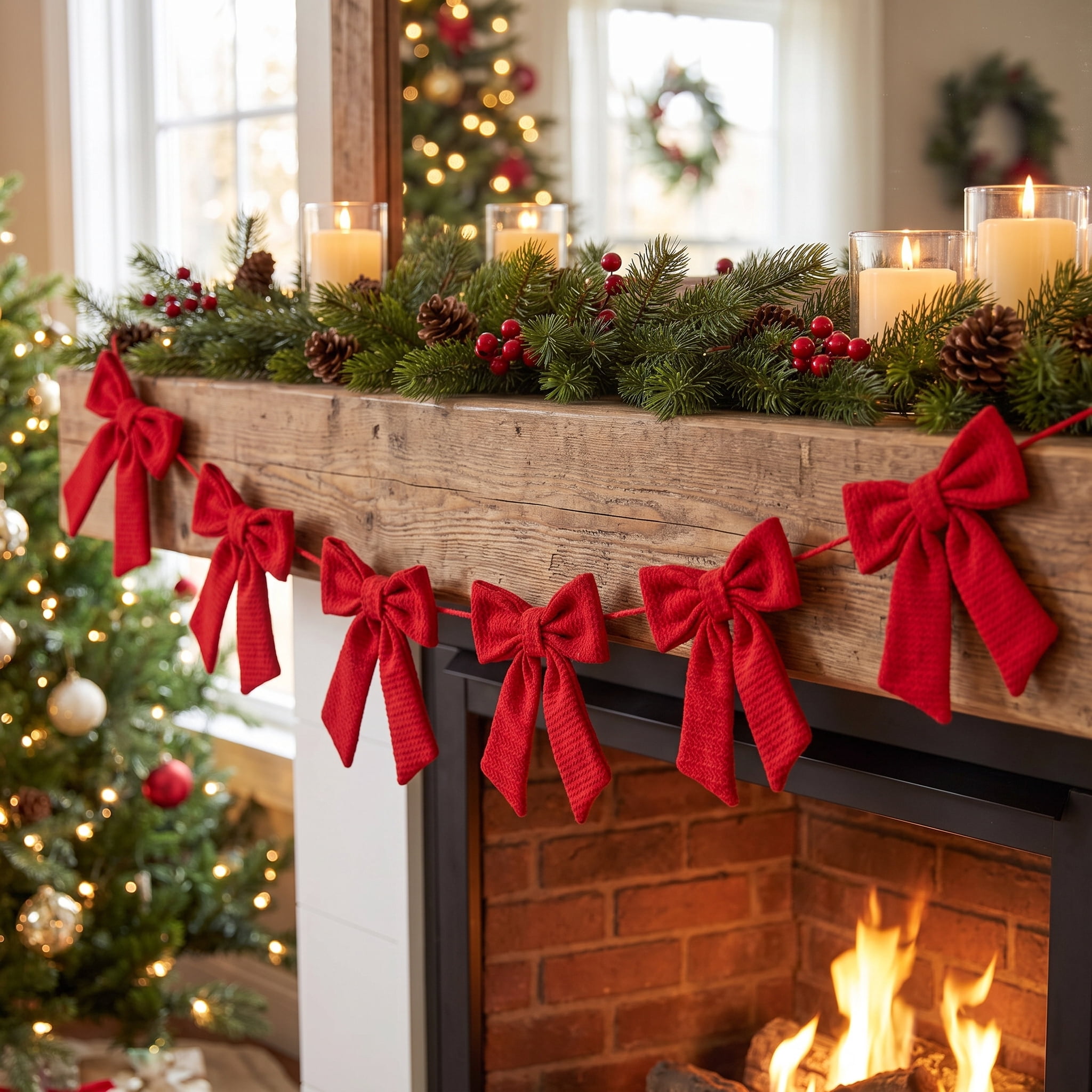 Fabric Bow Christmas Garland, Red, 6', by Holiday Time