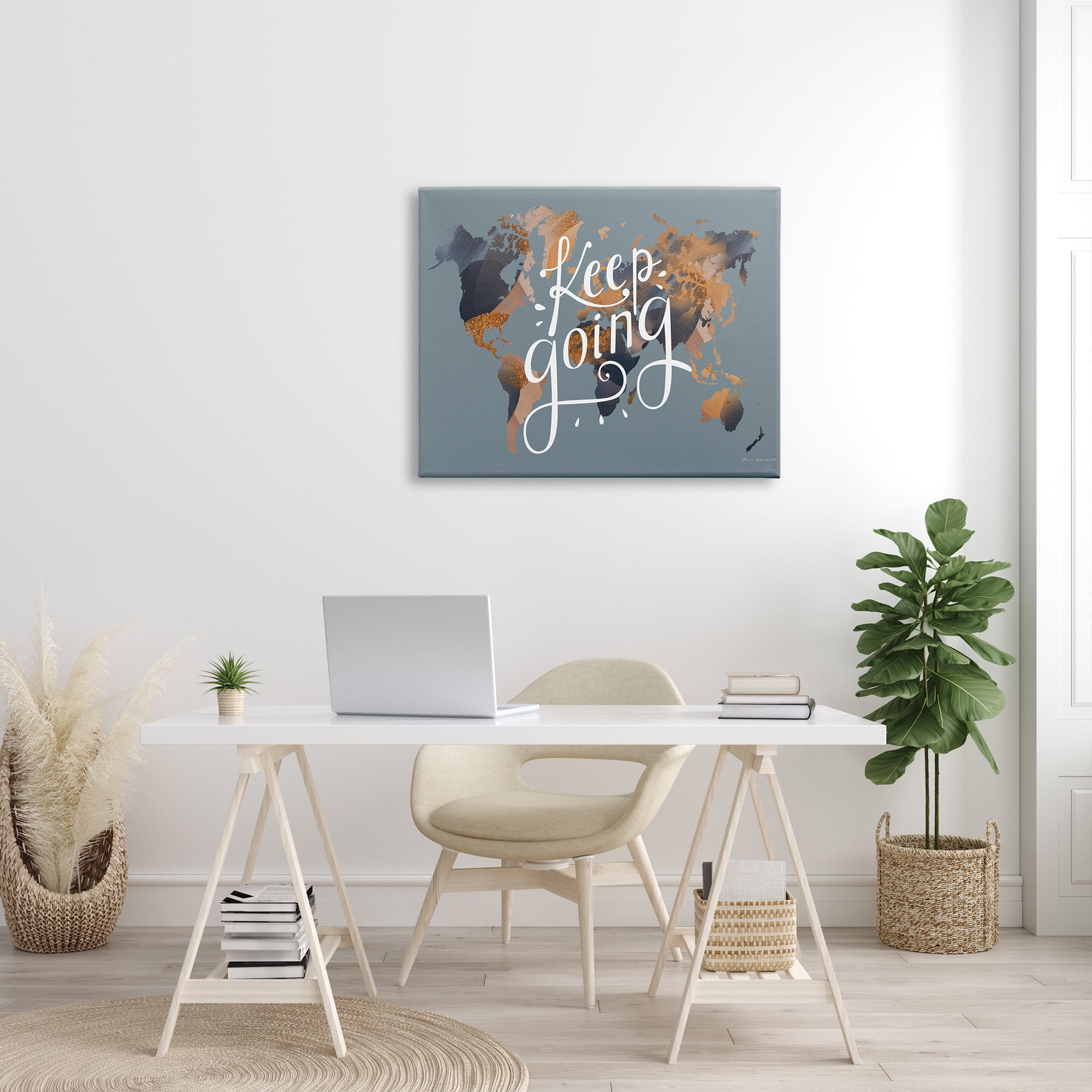 Stupell Industries Keep Going Sentiment over Abstract Pattern World Map Inspirational Painting Gallery Wrapped Canvas Print Wall Art, 30 x 40