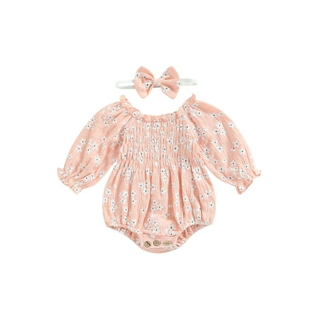 

Baby Floral Long Sleeve Romper Headband Outfits Off Shoulder Ruffles Bodysuit Newborn Fall Clothes