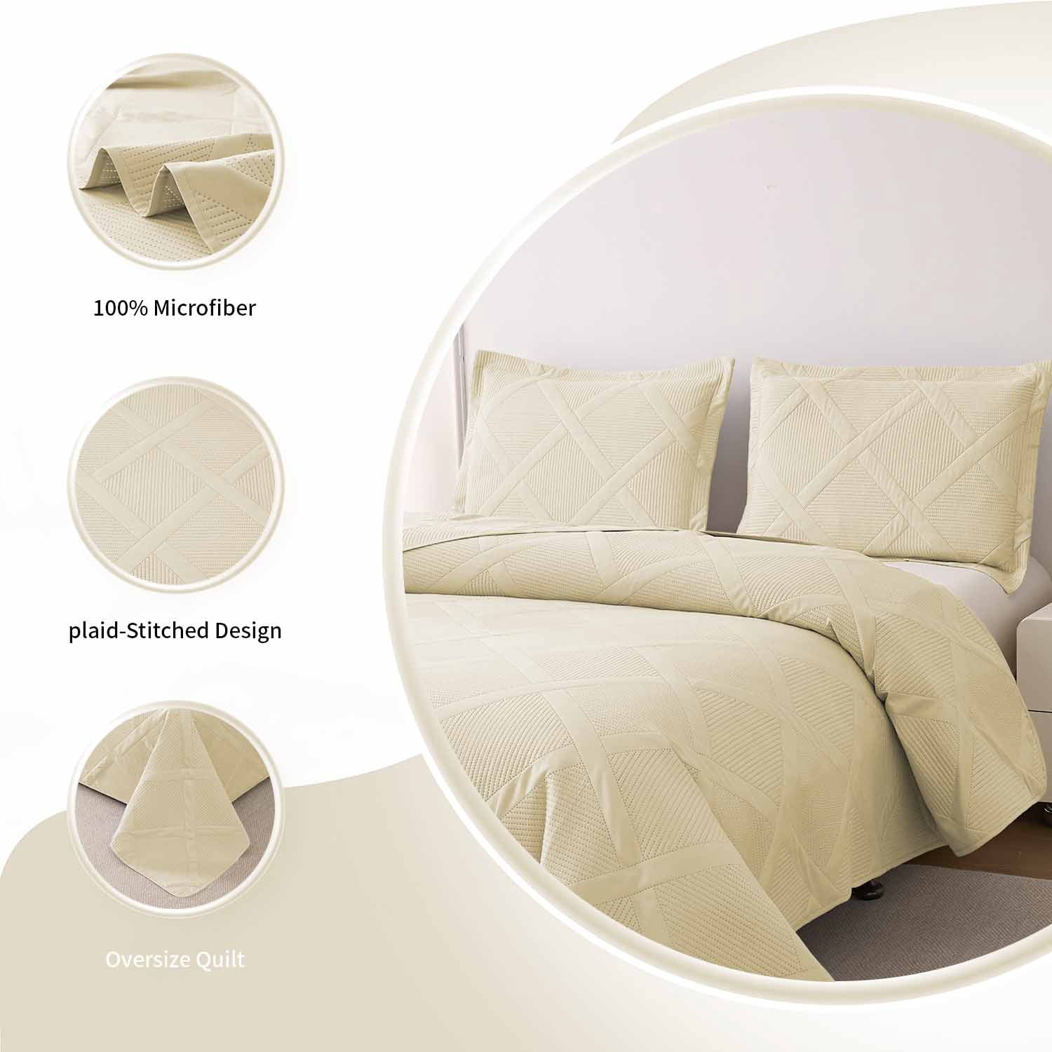 Beartech Solid Color Quilt Set Queen/Full Size Beige Bedspread Coverlet Microfiber Bedding Lightweight Reversible Set,Soft Bedding for All Seasons