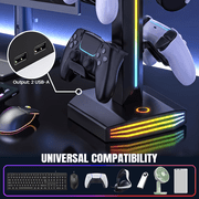 RGB Headphone Stand 9 Light Modes, Game Controller Holder for Desk Headset Stand 2 USB Charging and 1 Type-C Gamepad Earphone Accessories