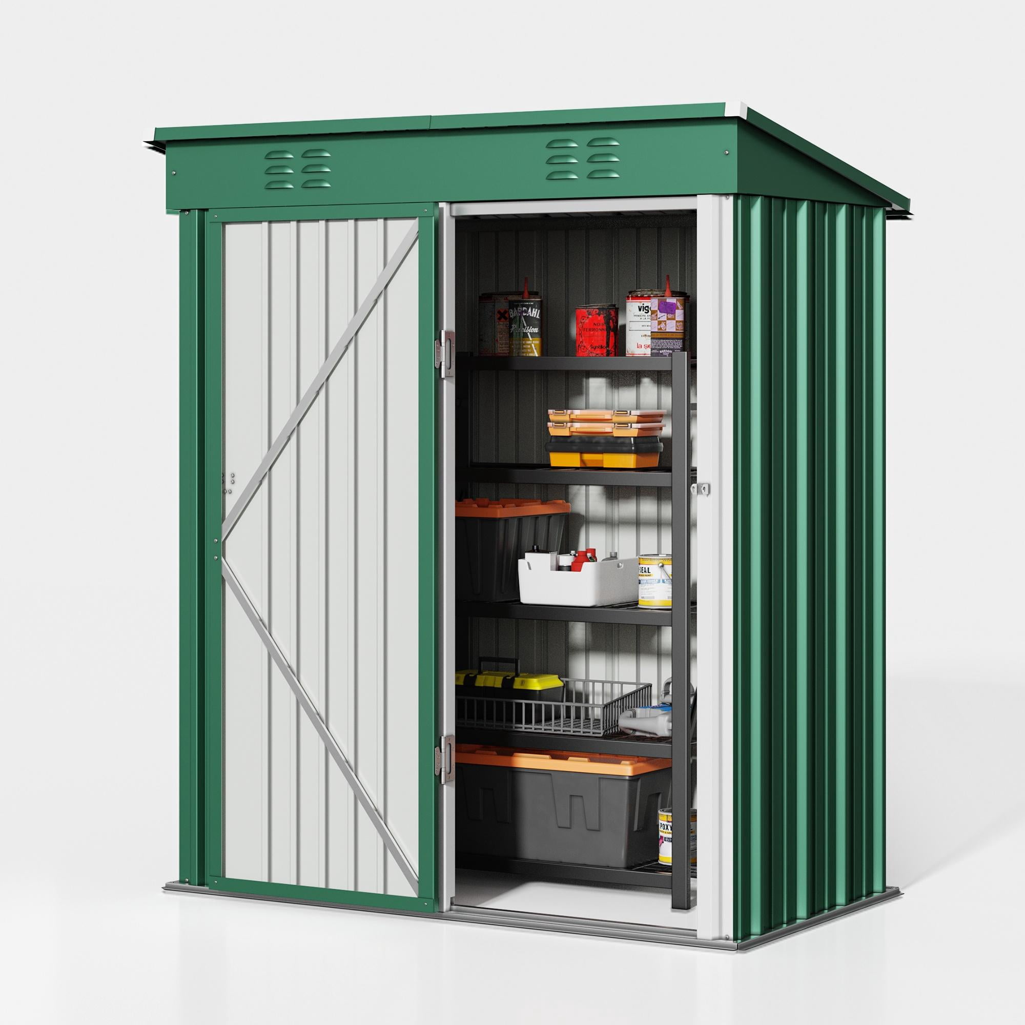 Green Shed, Asofer Metal Storage Shed with Sloping Roof for Backyard Patio Lawn, Small Garden Tool Shed