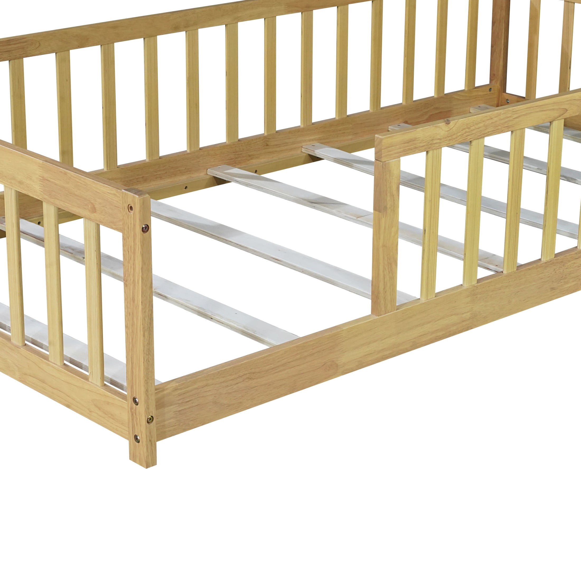 Noble House Nira Twin Size Floor Bed with High Fence, Sturdy Rubber Wood Montessori Bed, Kid's Room, Natural