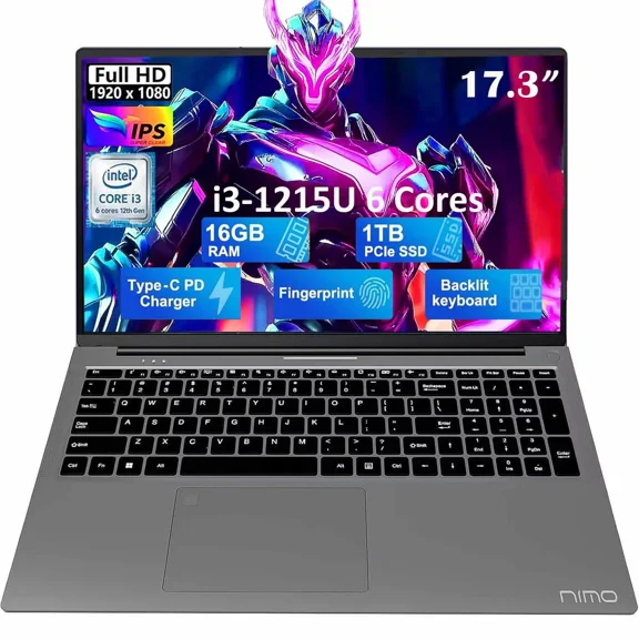 17.3" IPS FHD-Laptop, Intel 6 Cores i3-1215U 16GB RAM 1TB SSD (Beat Ryzen 5 7520U, Up to 4.4GHz) Computer with 65W GaN Type C Backlit Keyboard Fingerprint, for Home Student and Business