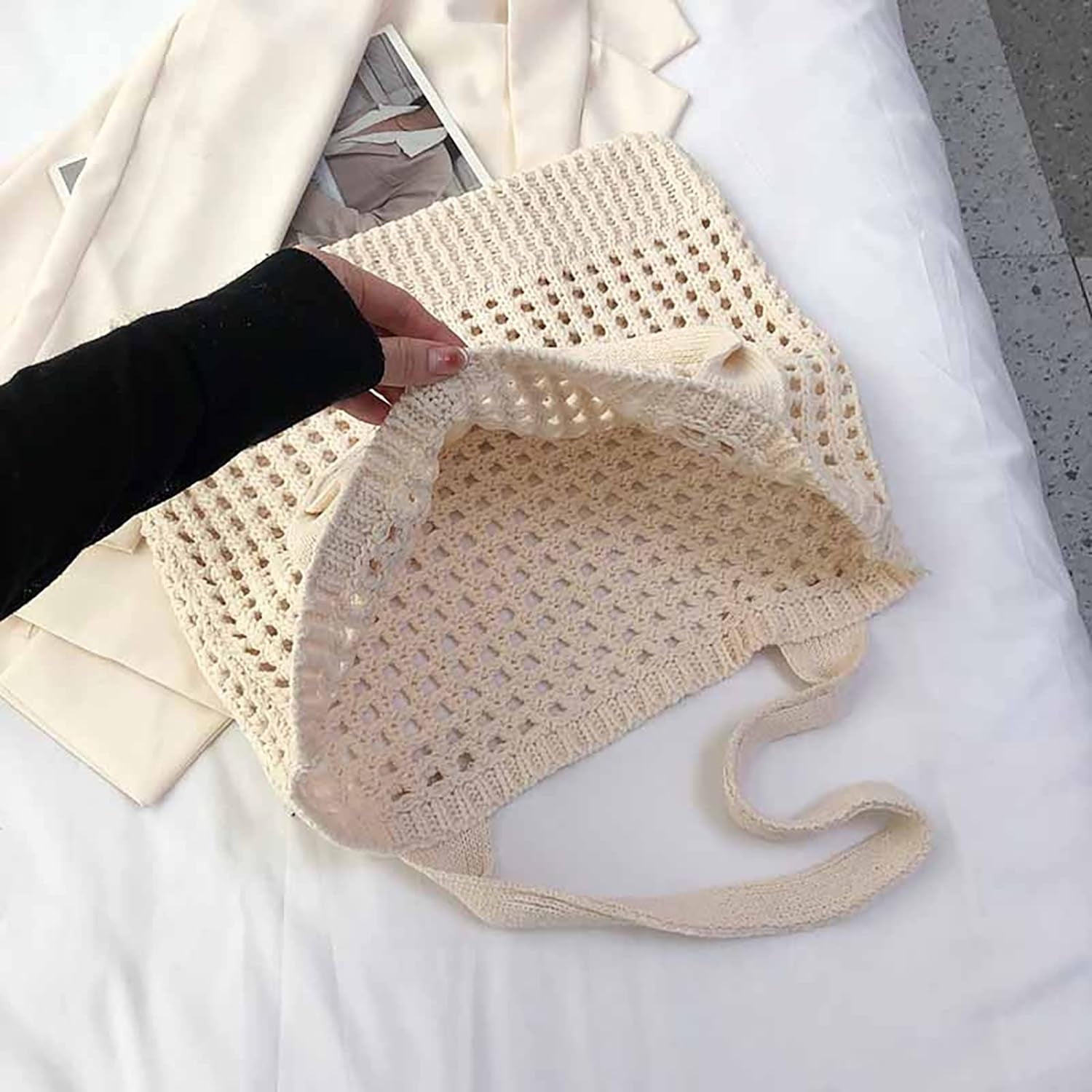 Kukuzhu Crochet Beach Bags for Women, Woven Travel Tote Fishing Net Handbag Shopping Large Hobo Shoulder Bag for for Holiday