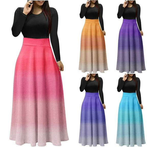 SMihono Fashion Womens Long Sleeve Maxi Dress 2025 Spring Casual Crewneck Tunic Dresses Elegant High Waist Elastic Gradient Cocktail Party Gown Blue 4