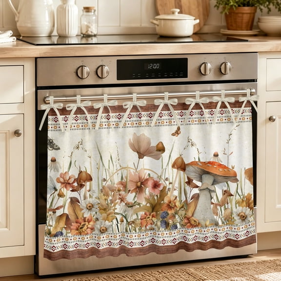 Oven Skirt Curtain for Kitchen 21.5x30 Inch, Vintage Mushroom Oven Curtain with 8 Ribbon Ties & Ruffle Trim, Stove Skirt Curtain Dishwasher for Cabinets Spring Floral Retro Art Pastoral Botanical