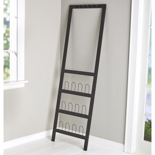 Leaning Shoe Rack and Entryway Organizer with Coat Hangers / Hat Hooks
