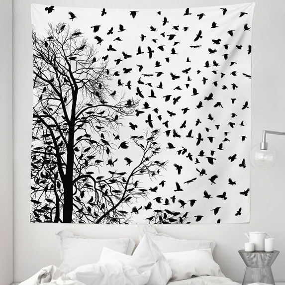 Black and White Tapestry, Tree Birch Branches Flying Birds Natural Life Fall Themed Silhouette Style, Fabric Wall Hanging Decor for Bedroom Living Room Dorm, 5 Sizes, Black White, by Ambesonne