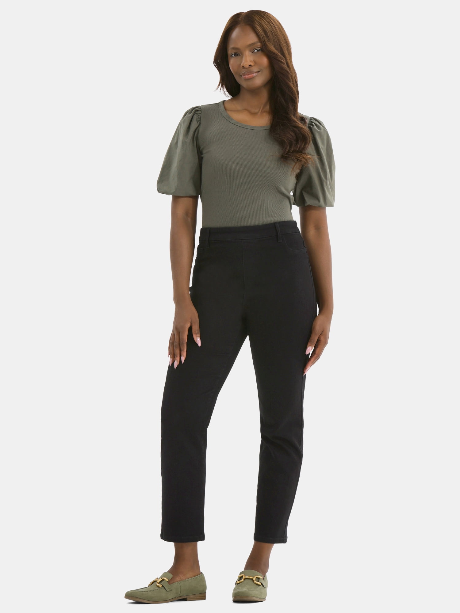 Time and Tru Women's Mixed Media Top with Puff Sleeves, Sizes XS-XXXL