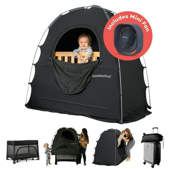 SlumberPod The Original Blackout Sleep Tent Travel Essential for Baby and Toddlers, Mini Crib and Pack n Play Cover, Sleep Pod with Monitor Pouch and Fan Pouch (includes Fan), Blocks 95% Light, Black