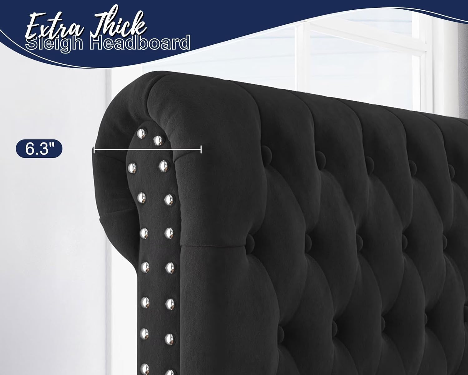 Merluxy Upholstered Queen Bed Frame with Headboard Sleigh Platform Tufted Bed/Black