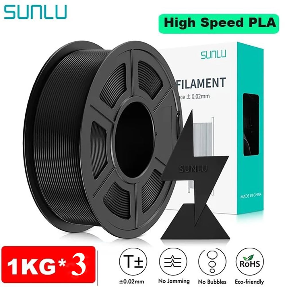 SUNLU PLA Filament 1.75mm, High-Speed PLA 3D Filament  for 30-600mm/s Fast Printing, High Flow PLA 3kg, 1kg Spool, 3 Pack, Black