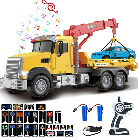 15" Large Tow Truck Toy, RC Transport Truck Crane Toy with Lights and Sounds, Remote Control Car Kids Toys for 3 4 5 6 7 Years Old Boy