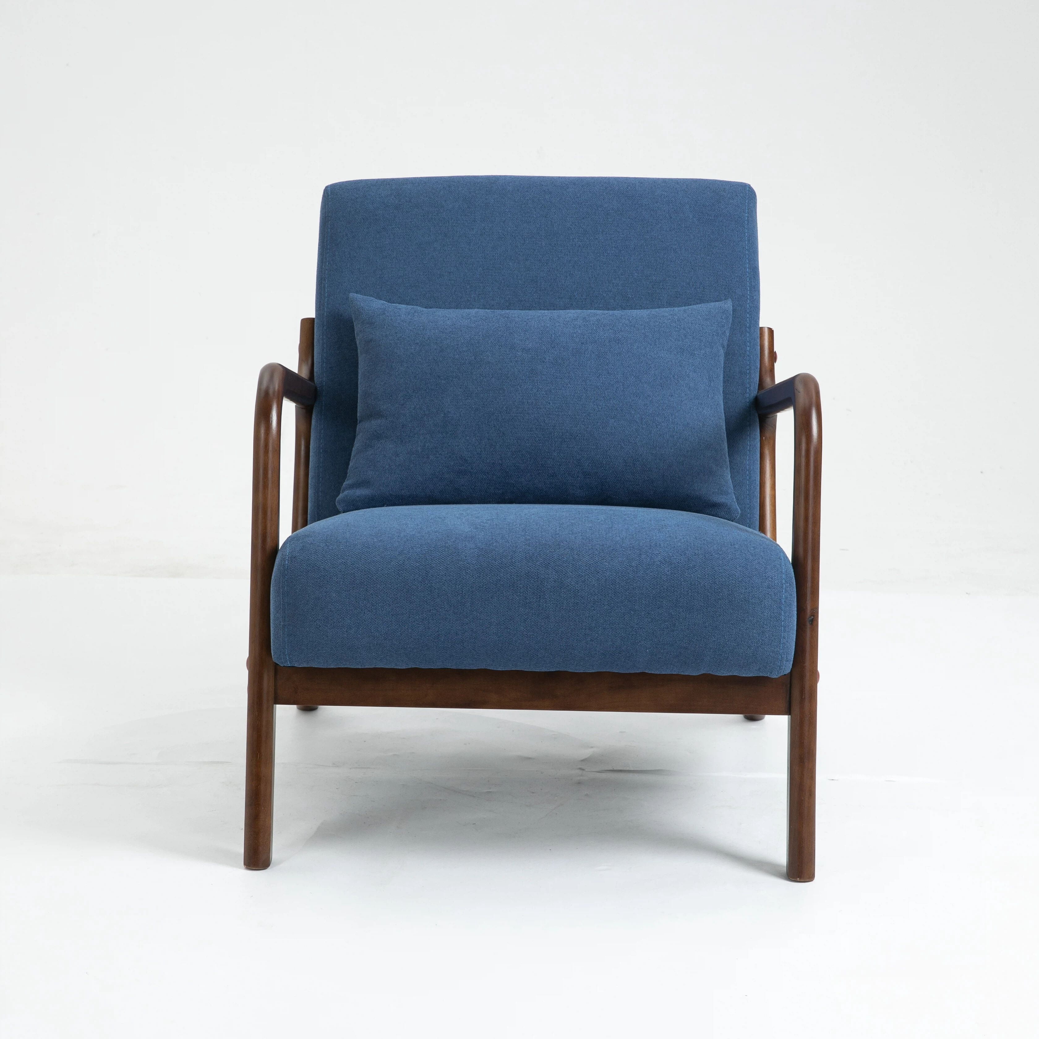 Euroco Mid-Century Modern Accent Chair, Upholstered Armchair with A Pillow and Wood Legs,Comfy Reading Chair for Living Room Bedroom Office,Blue
