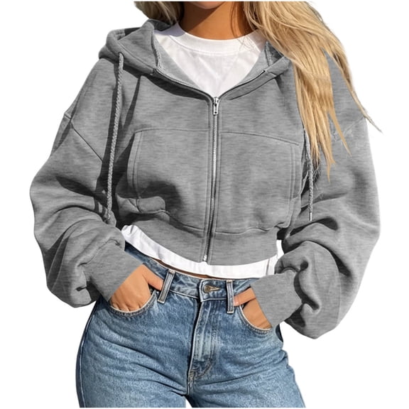 Hurxie Womens Zip Up Hoodies Cropped Jackets Fall Outfits | lightweight comfort material, casual travel winter clothes with pockets, airport workout athletic Gray,2XL