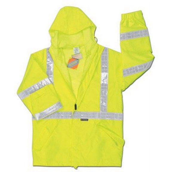 MCR Safety Fluorescent Lime Luminator Polyester And Polyurethane Jacket With Attached Hood And Hi Viz Stripes