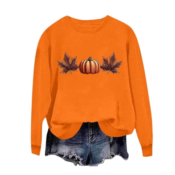 CHGBMOK Women's Halloween Crew Neck Sweatshirt Oversized Long Sleeve Pullover with Maple Leaf and Pumpkin Graphic Print Casual Tops