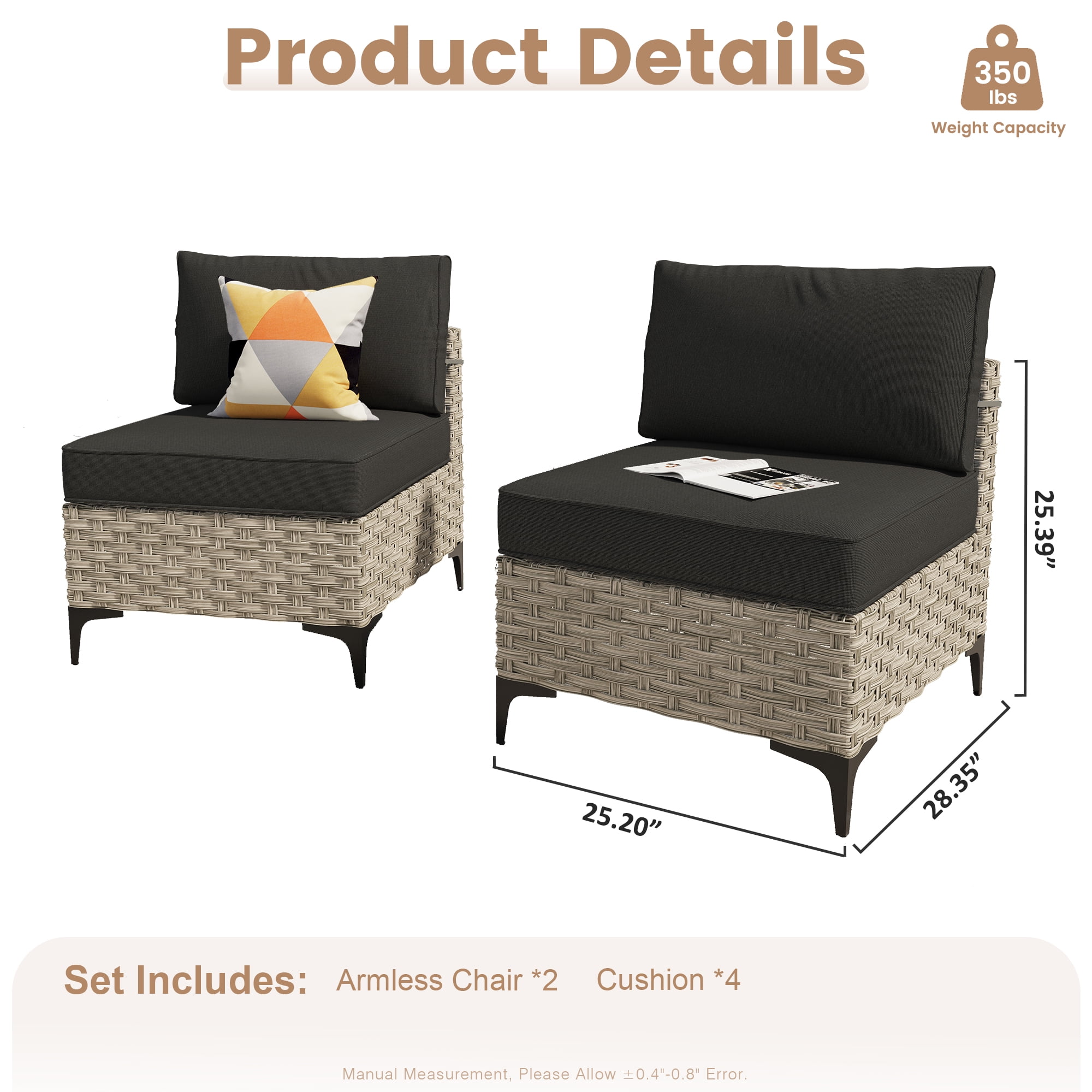 Ovios 2 Pieces Outdoor Patio Conversation Furniture Set Cushioned PE Rattan Wicker Chairs Set
