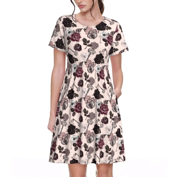 Disketp Retro Red Black Roses para Vestido de Manga Corta para Mujeres, Vestidos de Verano para Mujeres, Casual y Holgado para la Playa