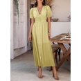 thumbnail image 3 of Women Summer Casual Midi Dress Puff Sleeve V Neck Ruched Button Front Split Boho Beach Vacation Wedding Dresses 2025 Yellow L, 3 of 8