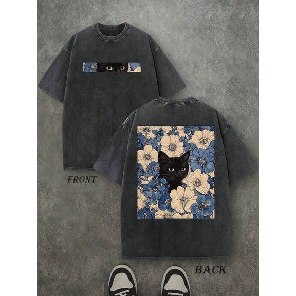 Summer Retro Washed T-Shirt For Men, 230g Cotton, Cat In The Flowers Print, Double Sided Graphic, Vintage Streetwear Crew Neck, Oversized Y2K Top, Casual Daily Wear, Plus Size, Free Shipping