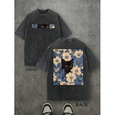 Summer Retro Washed T-Shirt For Men, 230g Cotton, Cat In The Flowers Print, Double Sided Graphic, Vintage Streetwear Crew Neck, Oversized Y2K Top, Casual Daily Wear, Plus Size, Free Shipping