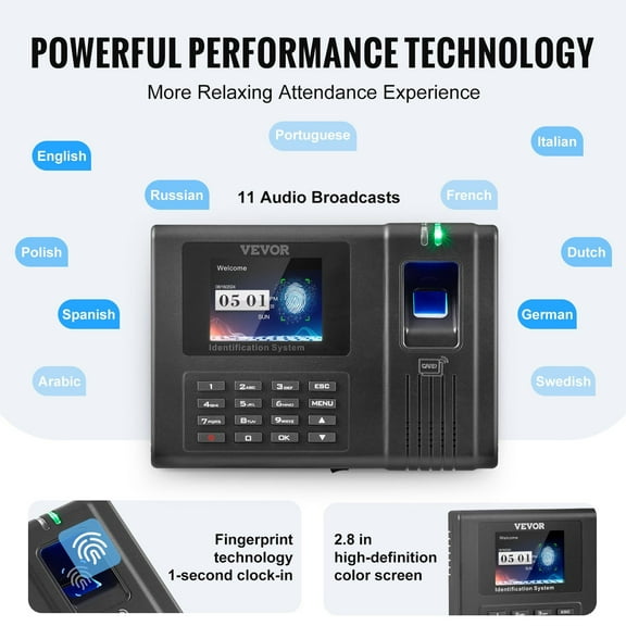 Biometric Time Clock for Employees – Fingerprint, RFID Card & PIN Attendance Machine, No Monthly Fees, Includes 5 RFID Cards for Small Business