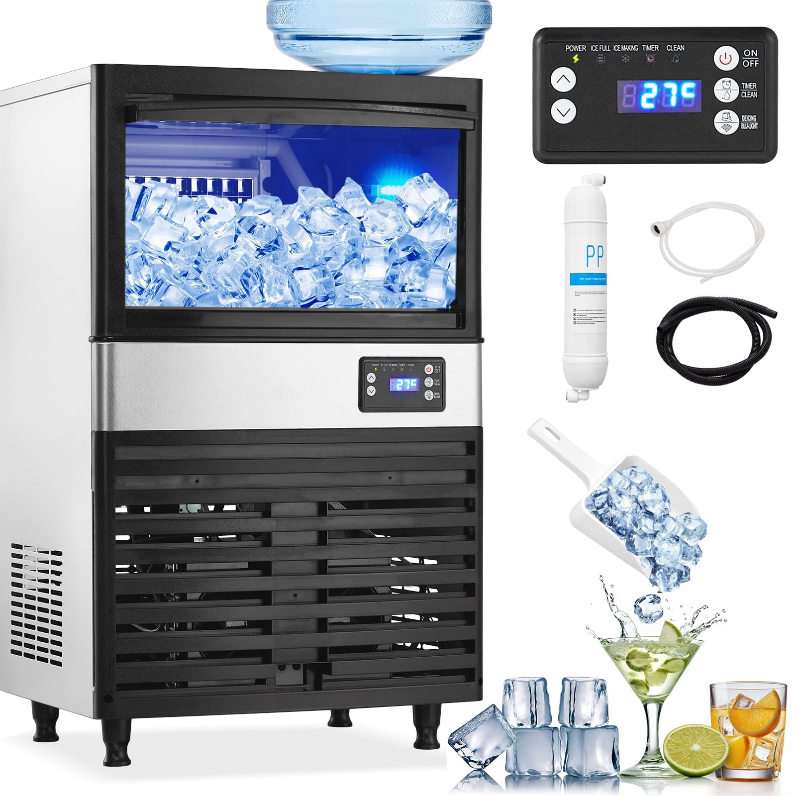 Towallmark 300W Nugget Ice Maker – 50KG/24H Stainless Steel Countertop Machine, White