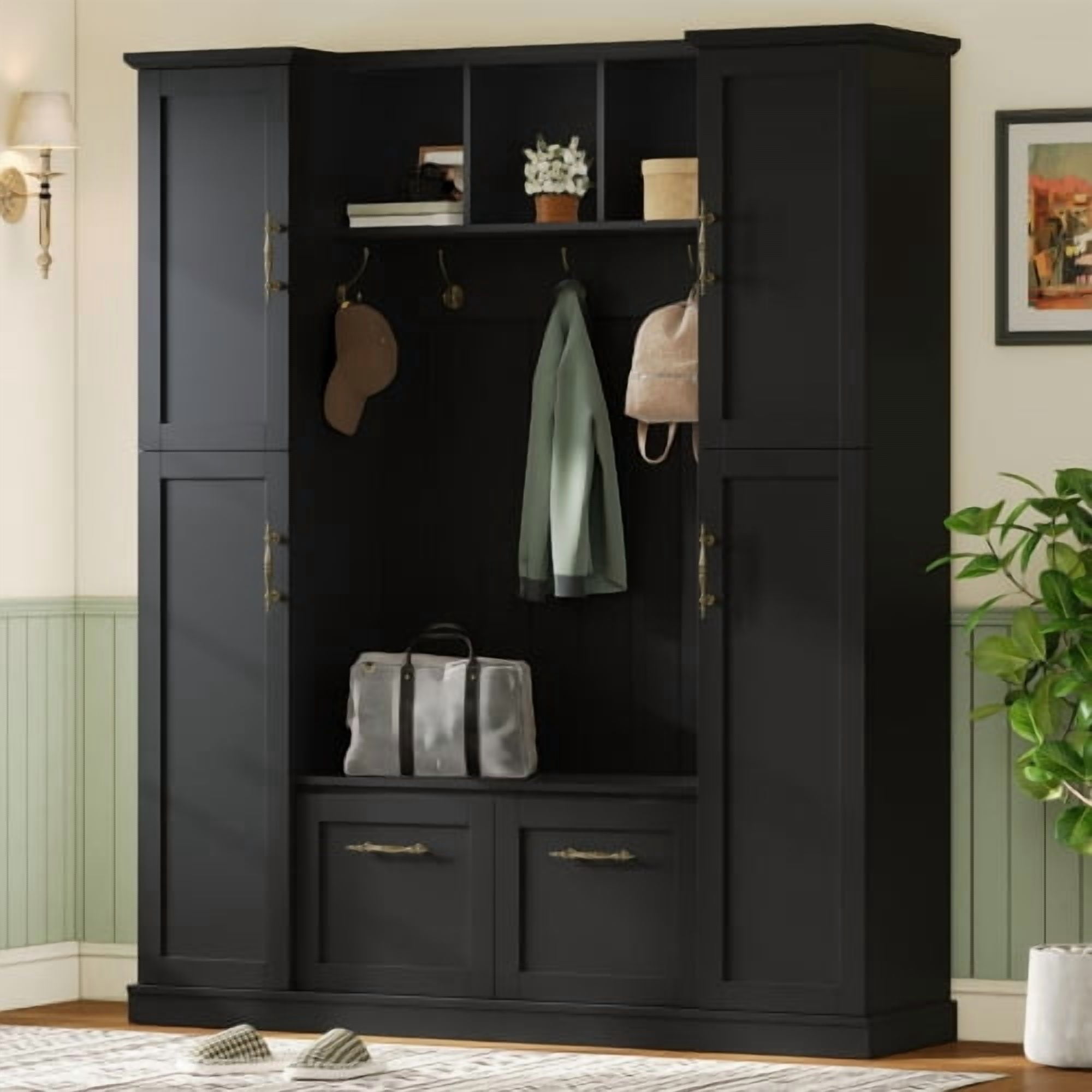 Farmhouse Hall Tree with Bench, Beadboard Back Panel, 4 Side Cabinets, Adjustable Shelves, Open Cubbies, Coat Rack & 5 Hooks, Entryway Mudroom Furniture, Black
