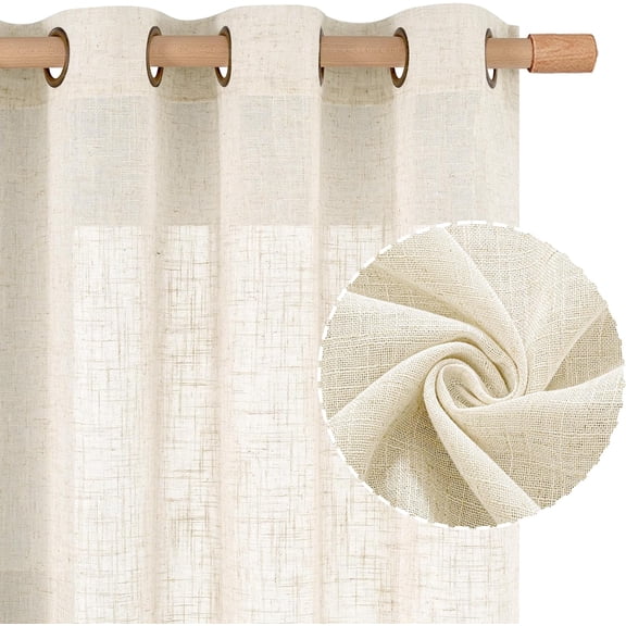 Natural Ivory Linen Semi Sheer Curtains, Cream Light Filtering Soft Thick Neutral Drapes with Bronze Grommet, 2 Panels