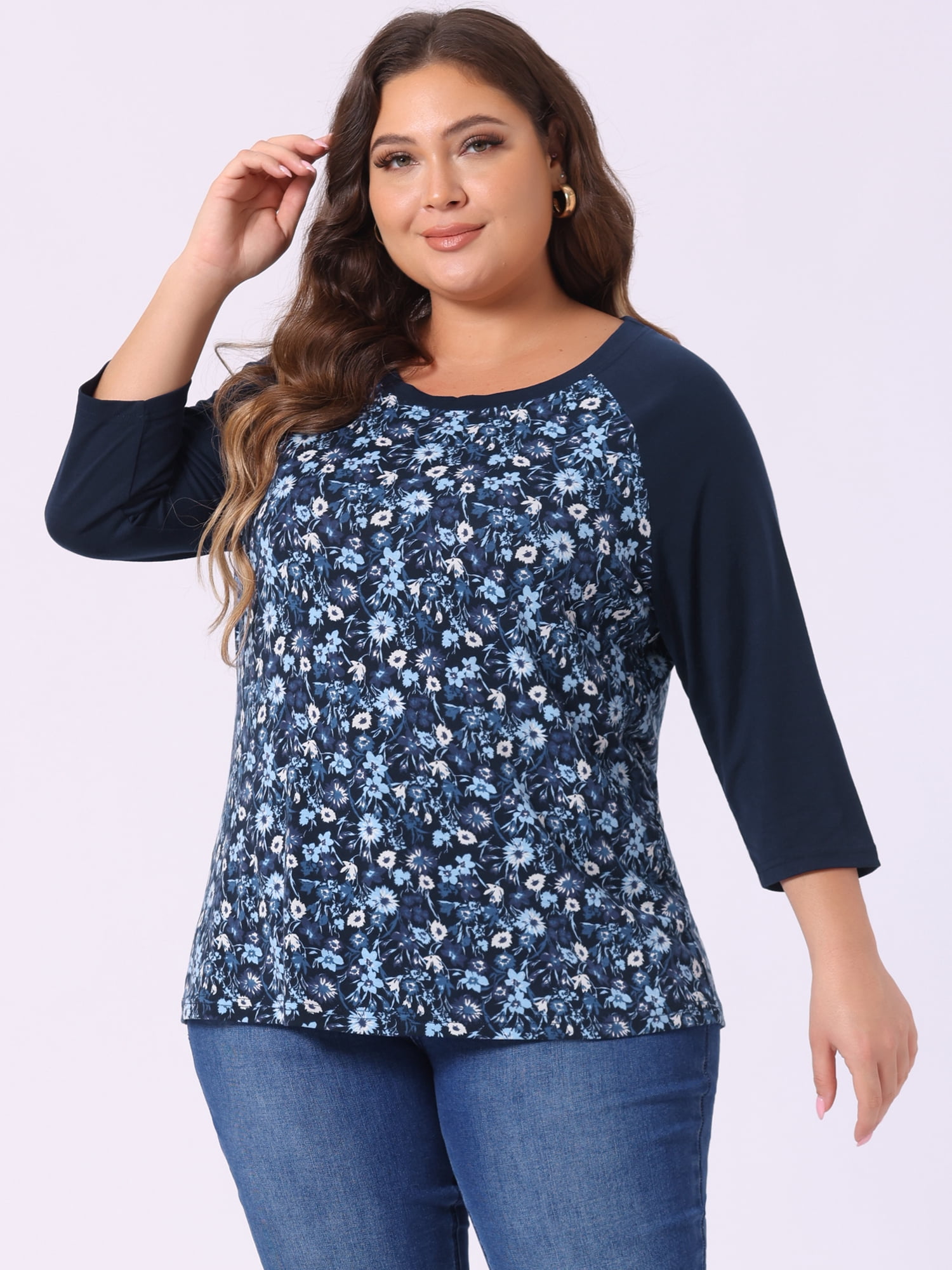 DARING DIVA Women's Plus Size Raglan Crewneck 3/4 Sleeve Floral Tunic Tee 3X Dark Blue