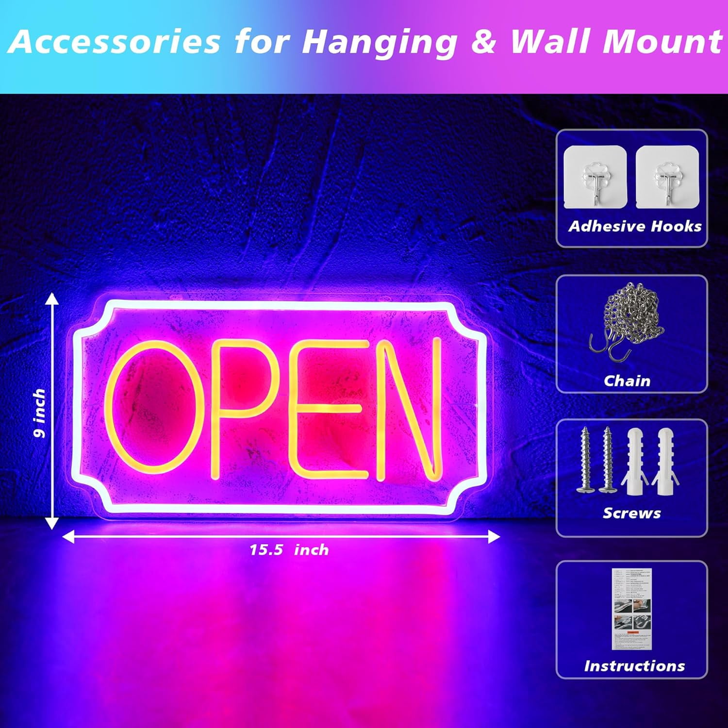 Open Signs for Business, Light Up LED Neon Open Sign for Business Window Storefront, Lighted Open Lights for Retail Bar Cafe Bakeries Barber, Eletric Powered 16 inch