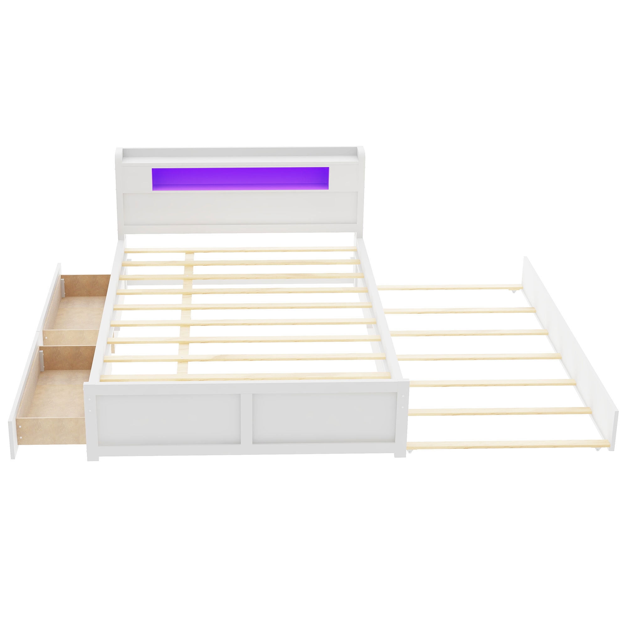 Euroco Wood Queen Size Platform Bed with Storage Headboard, Drawers Trundle and LED Light for Adults, White