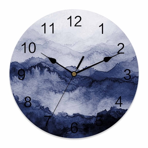 Wall Clock Navy Blue Mountain Clocks PVC Silent Non-Ticking Battery Operated Decorative Ombre Abstract Natural Round Clock for Home Living Room Kitchen Bedroom Office School Wall Decor 10 Inch