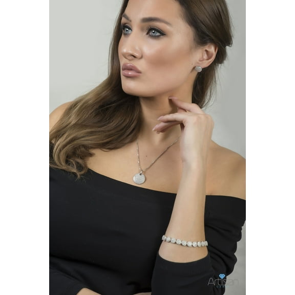 Sterling Silver Set Round CZ Bezel Pendant with Necklace Matching Stud Earrings and Tennis Bracelet