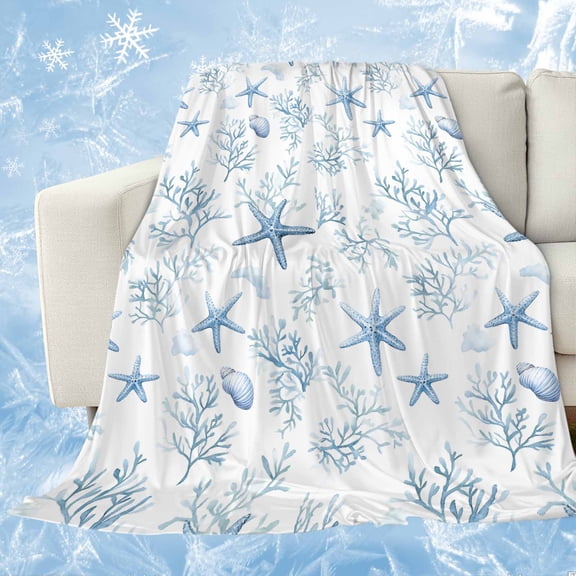 Coastal Coral Cooling Blanket, Lightweight Breathable Summer Throw Blanket with Double Sided Cold Effect,Ocean Starfish Blue Conch Summer Sea Picnic Beach Blankets Bed Sheet for Hot Sleepers 40"x60"