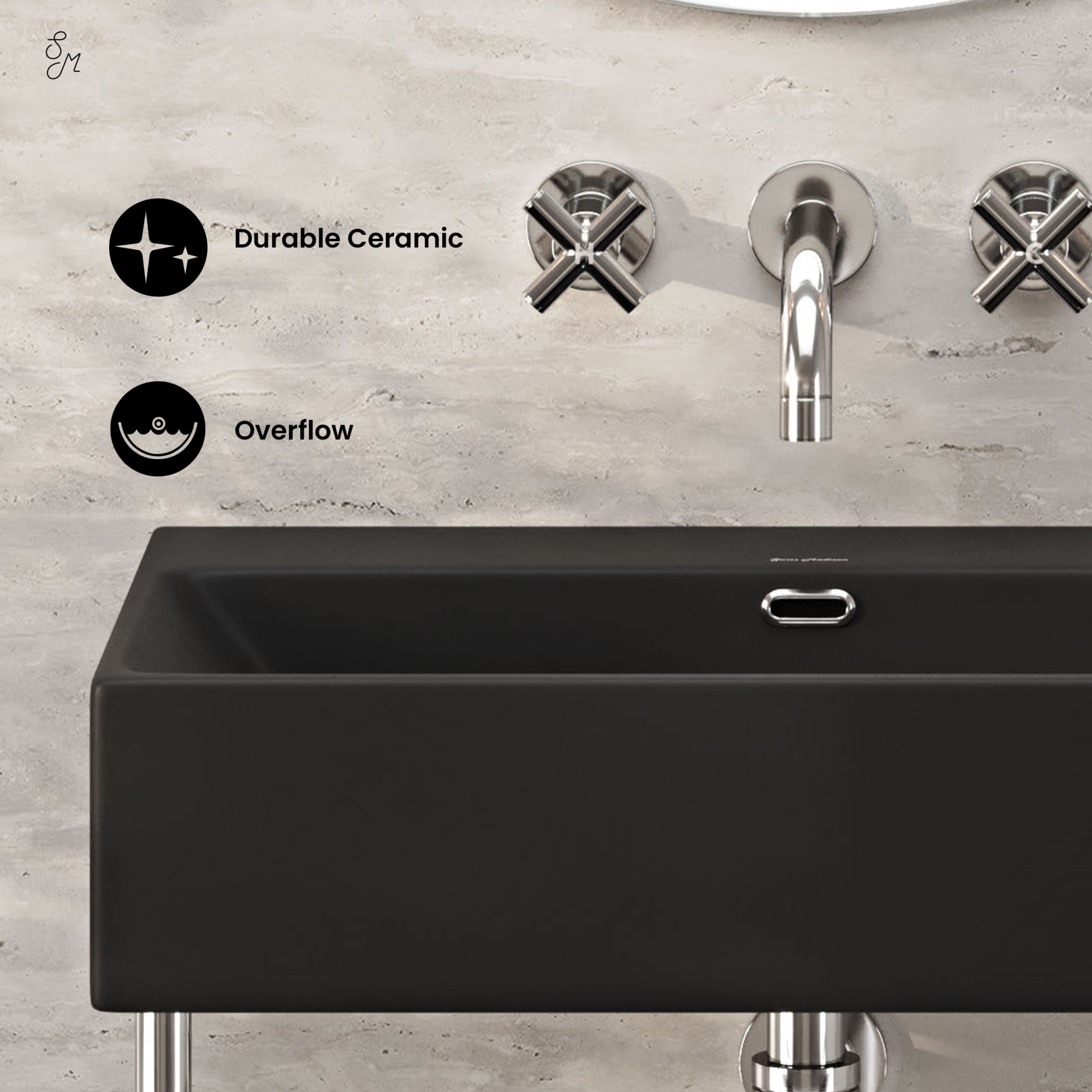 Claire 24" Rectangle Matte Black Zero Hole Console Sink with Polished Chrome Legs