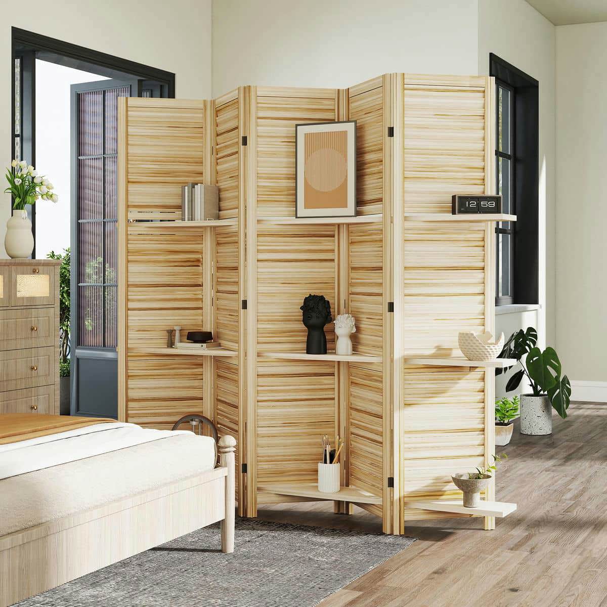Spaco 5 Panel 67" Tall Wood Privacy Screen, Privacy Screen with 3 Shelves and Folding Storage, Room Divider for Indoor as Living Room, Bedroom, Natural