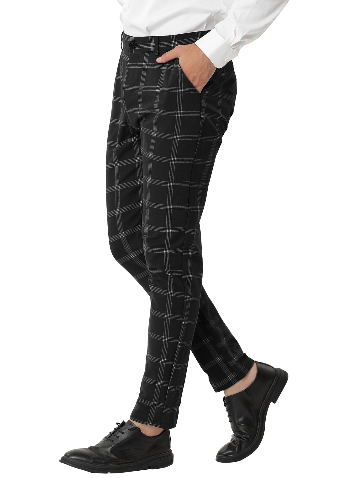 Unique Bargains Men's Plaid Pattern Slim Fit Flat Front Business Pants with Pockets 36 Black