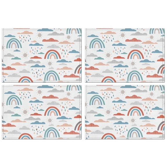 White Boho Bohemia Rainbow Clouds Sun Pattern Summer Placemats Table Placemats Set Of 4-Linen Kitchen Washable Placemats Table Mats 11.8"x17.7" Non-Slip Heat Resistant
